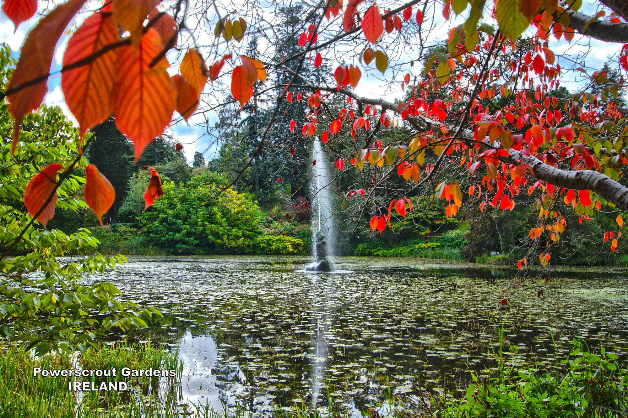 Autumn leaves framing the fountain at Powerscourt Gardens