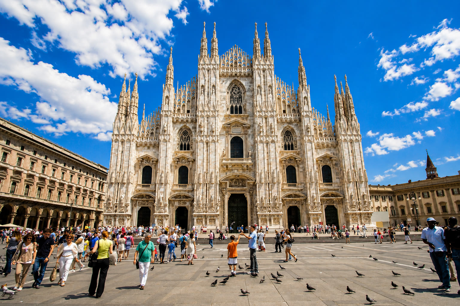Milan Cathedral beneath a bright blue sky